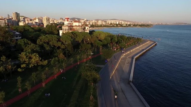 Istanbul Caddebostan area drone footage at sunset, fg01