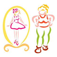 Fat woman sees herself in the mirror as a slim girl