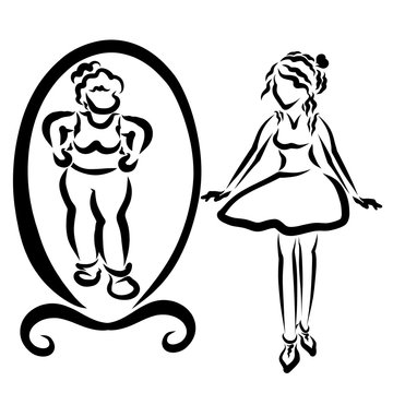 slim girl sees herself in the mirror as a fat woman