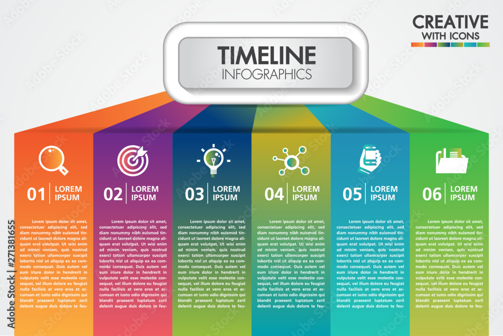 Aufkleber vector business infographics presentation with 6 steps or options design with icons. can be used pla