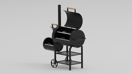 Barbecue texas smoker rendered photo on white background isometric from side.
