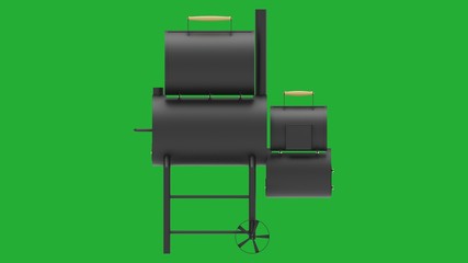 Barbecue texas smoker 3d render on green background isometric from behind.