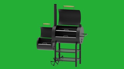 Barbecue texas smoker rendered photo on green background isometric from front.