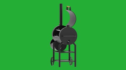 Barbecue texas smoker 3d render on green background isometric from side.