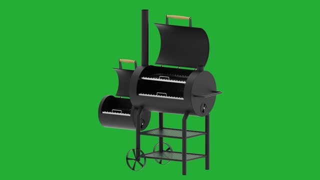 Barbecue texas smoker rendered photo on green background isometric from front.