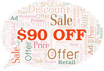 Fototapeta premium $90 Off word cloud. Wordcloud made with text only.