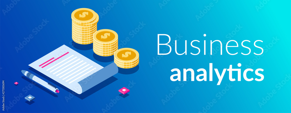 Poster business analytics and coins stack isometric concept. reporting document and automatical pen on the 