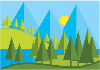 Bright modern vector flat design country side illustration. Mountains, trees and lake in sunshine. Beautiful summer landscape.