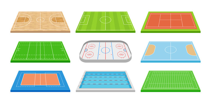 Set of images of various sports fields. Vector illustration on white background.
