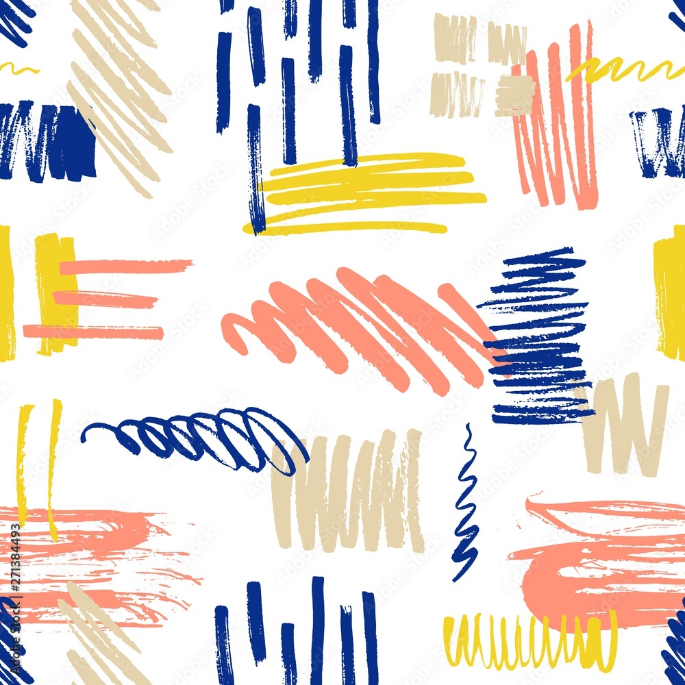 Poster motley seamless pattern with scribble and paint splotches or smudges on white background. vibrant ba