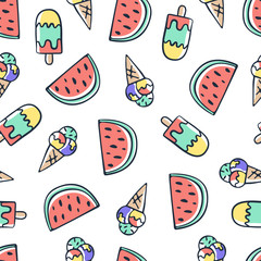 Hand draw doodle Ice cream and watermelon seamless pattern. Summer background design