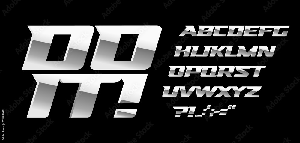 Poster silver letters and symbols set on black background. metal style vector latin alphabet. font for auto
