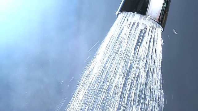 Shower Head, Water Flowing, Steam Rising, Shower Curtain In Background