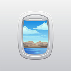 Calm sea on a background of brown mountains. View from the window of the plane. Vector illustration on white background.