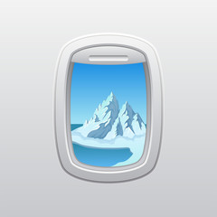 Two mountains by the sea. View from the window of the plane. Vector illustration on white background.