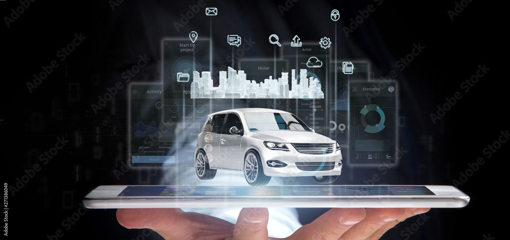 Poster businessman holding dashboard smartcar interface with multimedia icon and city map on a background 3