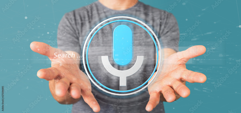 Poster businessman holding a vocal search system with button and icon3d rendering