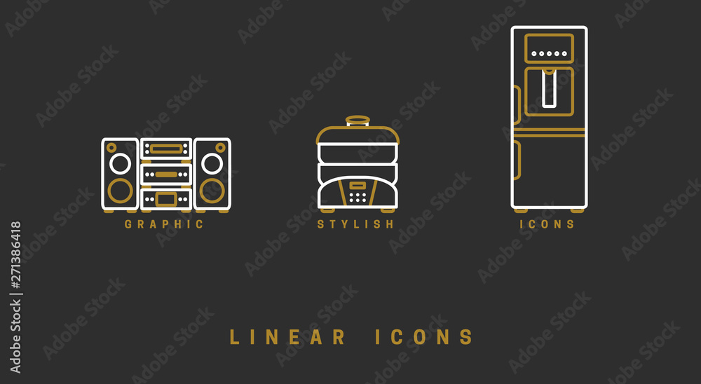 Poster set of outline vector home appliances icons for web design in simple linear style isolated on black 