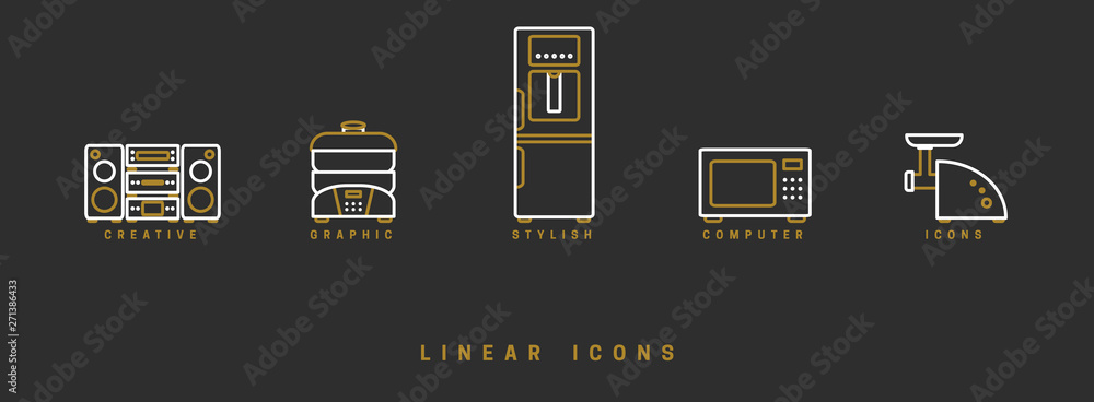 Poster set of outline vector home appliances icons for web design in simple linear style isolated on black 