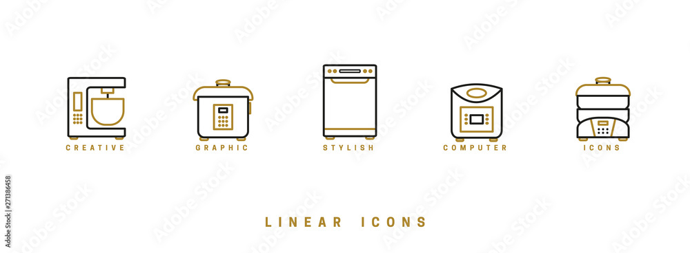 Poster set of outline vector home appliances icons for web design in simple linear style isolated on white 