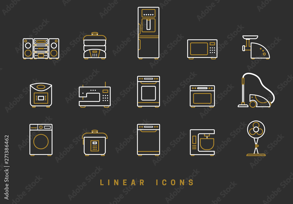 Poster set of outline vector home appliances icons for web design in simple linear style isolated on black 