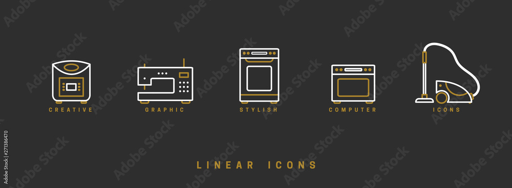 Poster set of outline vector home appliances icons for web design in simple linear style isolated on black 