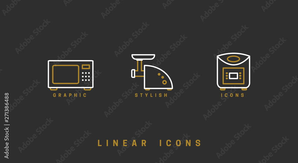 Poster set of outline vector home appliances icons for web design in simple linear style isolated on black 