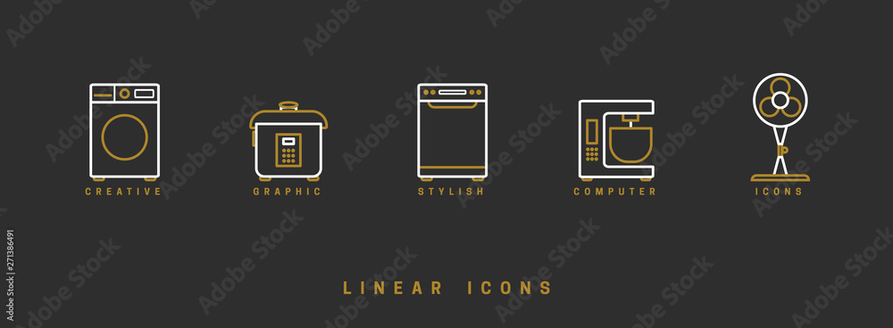 Poster set of outline vector home appliances icons for web design in simple linear style isolated on black 