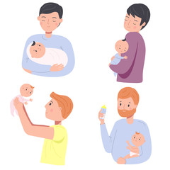 Fototapeta premium Fathers with babies. Man nurse toddlers. Young dads and little children. Happy parenting characters. Fathers day concept illustration