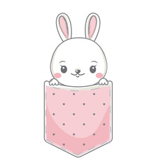Cute bunny sit in pocket. Little rabbit, hare looking out. Vector illustration for fashion prints and children, baby design