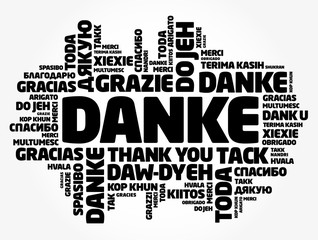 Danke (Thank You in German) word cloud background in different languages