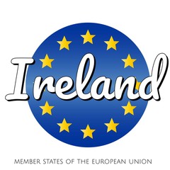 Round button Icon of national flag of The European Union with blue gradient background and yellow and gold stars and inscription with name of member state country of the EU: Ireland