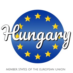 Round button Icon of national flag of The European Union with blue gradient background and yellow and gold stars and inscription with name of member state country of the EU: Hungary