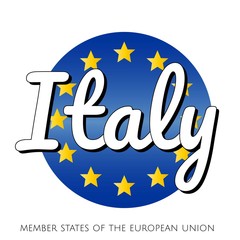 Round button Icon of national flag of The European Union with blue gradient background and yellow and gold stars and inscription with name of member state country of the EU: Italy