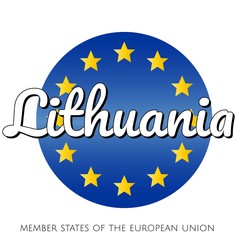 Round button Icon of national flag of The European Union with blue gradient background and yellow and gold stars and inscription with name of member state country of the EU: Lithuania