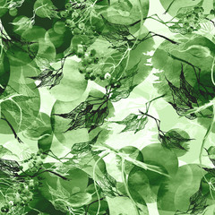 Watercolor seamless background with a pattern of leaves, abstract, decorative branches of birch, linden. Watercolor drawing, bunch of berries, mountain ash, elderberry, viburnum.Abstract green  splash