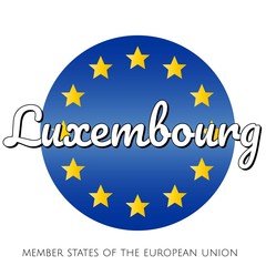 Round button Icon of national flag of The European Union with blue gradient background and yellow and gold stars and inscription with name of member state country of the EU: Luxembourg
