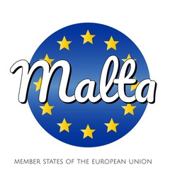Round button Icon of national flag of The European Union with blue gradient background and yellow and gold stars and inscription with name of member state country of the EU: Malta