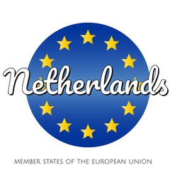 Round button Icon of national flag of The European Union with blue gradient background and yellow and gold stars and inscription with name of member state country of the EU: Netherlands