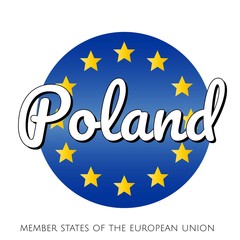 Round button Icon of national flag of The European Union with blue gradient background and yellow and gold stars and inscription with name of member state country of the EU: Poland