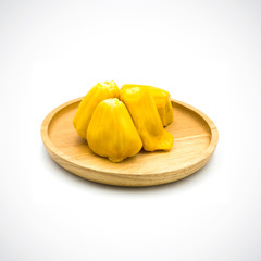 Fruit jackfruit in a wooden plate Isolated on the white background.