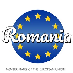 Round button Icon of national flag of The European Union with blue gradient background and yellow and gold stars and inscription with name of member state country of the EU: Romania