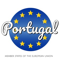 Round button Icon of national flag of The European Union with blue gradient background and yellow and gold stars and inscription with name of member state country of the EU: Portugal