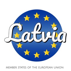 Round button Icon of national flag of The European Union with blue gradient background and yellow and gold stars and inscription with name of member state country of the EU: Latvia