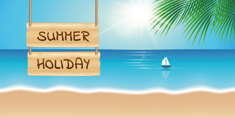 Fototapeta na wymiar wooden sign summer holiday on beautiful palm beach with sailboat vector illustration EPS10