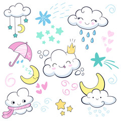 Decor elements set with cartoon clouds, rain, wind, umbrella, half moon. Can be used for sticker, patch, textile, fabric print, poster, baby shower design, t-shirt, party