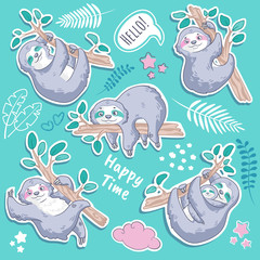 Decor elements set with cute sloths with tropical leaves, clouds and stars. It can be used for sticker, patch, phone case, print, poster, baby shower design, t-shirt, party decor