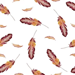  Waterverfpatroon naadloos met heldere veren. Patroon van mooie vogelveren. Hand getekende illustratie. Behang, stof ontwerp, geïsoleerd op een witte achtergrond. © shoer