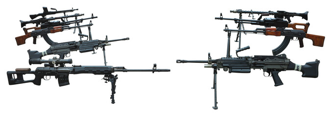 Military set of modern weapons machine guns arms isolated on white
