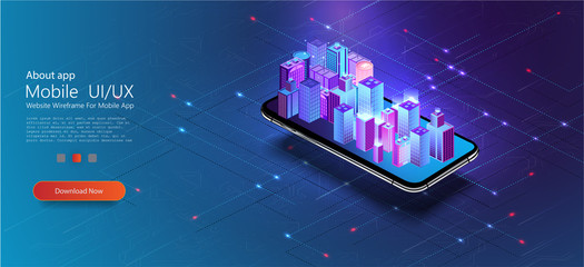 Smart city or intelligent building isometric vector concept. Building automation with computer networking illustration. IoT platform future technology. 
